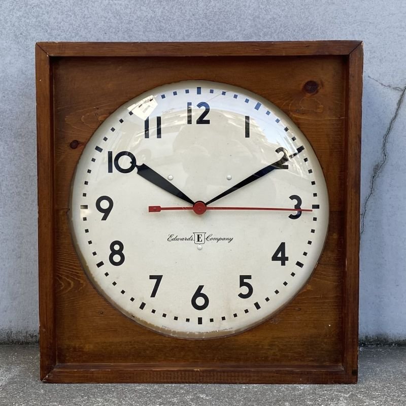 画像1: VINTAGE ANTIQUE WALL CLOCK EDWARDS COMPANY ヴィンテージ アンティーク ウォールクロック 壁掛け時計 /  ウッド 木製 四角形 ブラウン 茶色 店舗什器 アメリカ USA