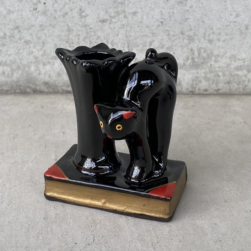 画像1: VINTAGE ANTIQUE CERAMIC PEN HOLDER BLACK CAT ヴィンテージ アンティーク セラミック ペンホルダー 黒猫 / コレクタブル オブジェ ディスプレイ 陶器 置物 輸出用