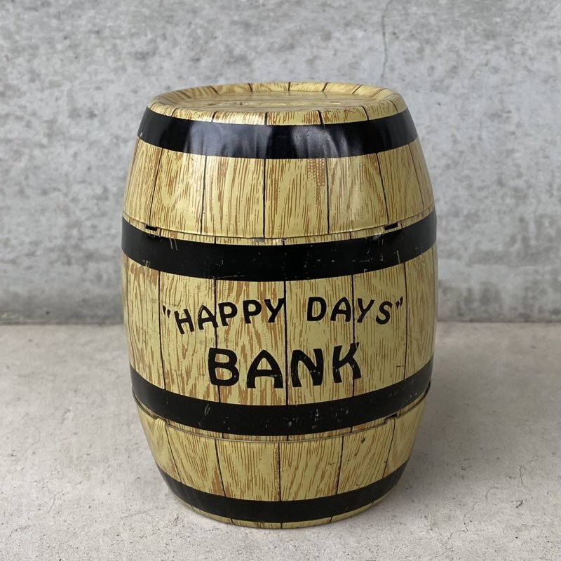 画像1: VINTAGE ANTIQUE HAPPY DAYS BANK J.CHEIN Co. PIGGY BANK BARREL ヴィンテージ アンティーク コインバンク 貯金箱 / コレクタブル オブジェ ティン 樽 雑貨 アメリカ (2)