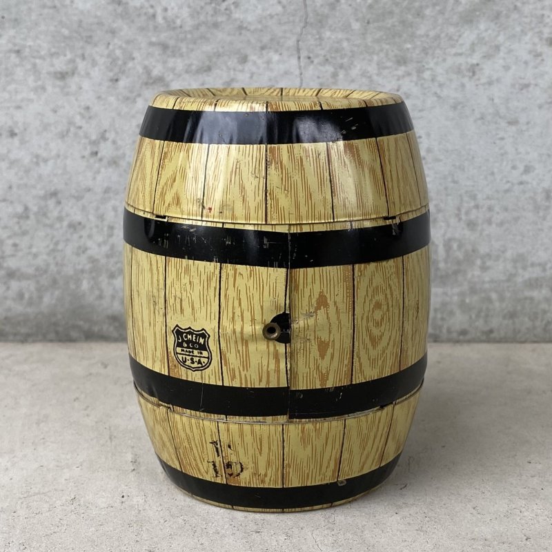 画像2: VINTAGE ANTIQUE HAPPY DAYS BANK J.CHEIN Co. PIGGY BANK BARREL ヴィンテージ アンティーク コインバンク 貯金箱 / コレクタブル オブジェ ティン 樽 雑貨 アメリカ (2)