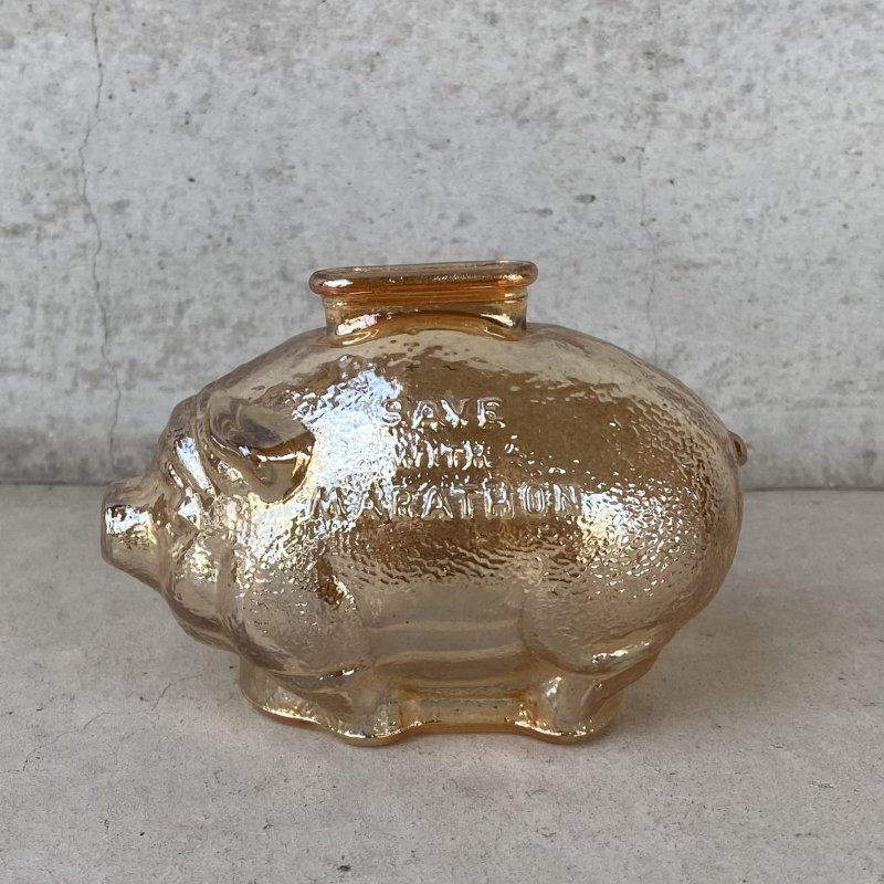 画像1: VINTAGE ANTIQUE PIGGY BANK OHIO OIL MARATHON ヴィンテージ アンティーク コインバンク 貯金箱 豚 ブタ / アドバタイジング コレクタブル オブジェ オハイオオイル 企業物 アンバー ガラス 置物 アメリカ (1)