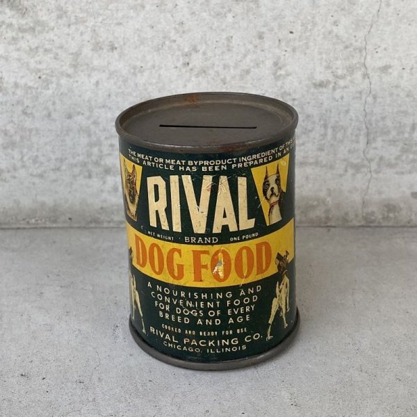 画像1: VINTAGE ANTIQUE RIVAL DOG FOOD BANK TIN CAN ヴィンテージ アンティーク コインバンク 貯金箱 缶 / コレクタブル ドッグフード アドバタイジング ブリキ 企業物 雑貨 アメリカ USA (1)