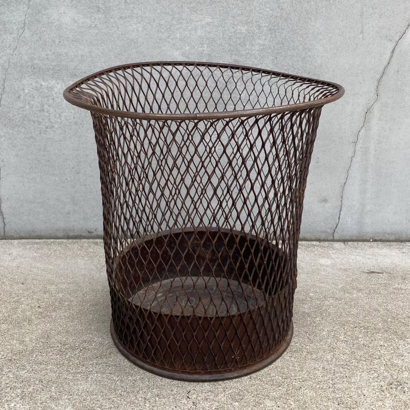 VINTAGE ANTIQUE WIRE BASKET ヴィンテージ アンティーク ワイヤーバスケット ゴミ箱 アメリカ / インダストリアル  ダストボックス 収納 インテリア USA (2) - RUST LEATHER