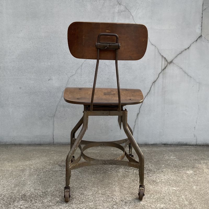 VINTAGE ANTIQUE TOLEDO CHAIR ヴィンテージ アンティーク トレド ドラフティングチェア 椅子 / インダストリアル ウッド  アイアン 家具 木製 鉄 店舗 什器 UHL アメリカ - RUST LEATHER